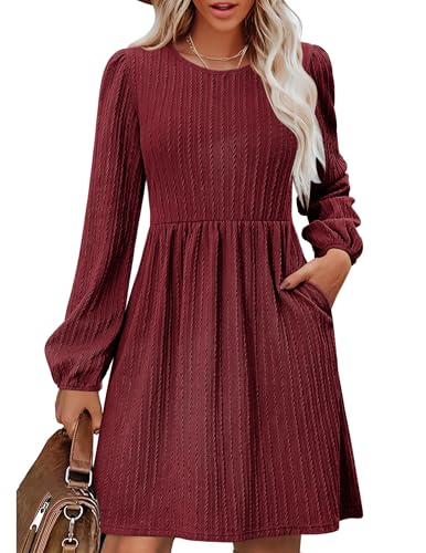 Zeagoo Kleid Damen Herbst Langarm Strickkleid Elegant Hohe Taille A-Linie Winterkleid Pulloverkleid Rundhals Skaterkleid Weinrot M von Zeagoo
