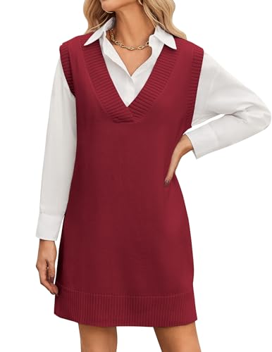 Zeagoo Pullunder Kleid Damen Strick Vest Kleid Strickkleid Ärmellos V-Ausschnitt Sweater Kleid Weiches Knielang Elegant Herbstkleid Winterkleid Büro Freizeit Layering Outfit Rot S von Zeagoo