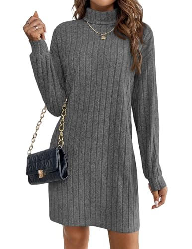 Zeagoo Rippstrick Kleid Damen Strickkleid Langarm Rollkragen Pulloverkleid Warmes Winterkleid Herbst Outfit Elegant Bequem Figurbetont Party Kleid Büro Damen Dunkelgrau S von Zeagoo