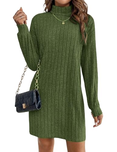 Zeagoo Rippstrick Kleid Damen Strickkleid Langarm Rollkragen Pulloverkleid Warmes Winterkleid Herbst Outfit Elegant Bequem Figurbetont Party Kleid Büro Damen Grün S von Zeagoo