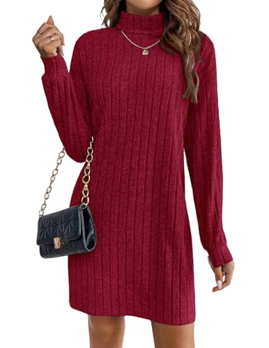 Zeagoo Rippstrick Kleid Damen Strickkleid Langarm Rollkragen Pulloverkleid Warmes Winterkleid Herbst Outfit Elegant Bequem Figurbetont Party Kleid Büro Damen Rot S von Zeagoo