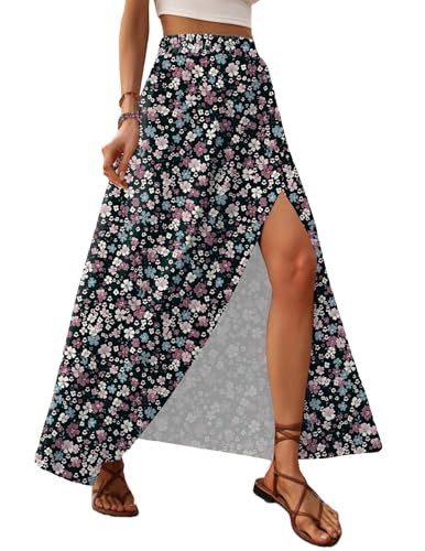 Zeagoo Damen Rock Elegant Sommer Langrock Elastisch Taille Boho Blumen Midirock Lässig Hohe Schlitz Röcke A-Line Leicht Maxi Strandrock Schwarz Blumenmuster XXL von Zeagoo