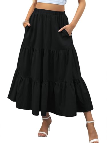 Zeagoo Rock Damen Elegant Maxirock Hohe Taille Langrock Casual A-Line Röcke Elastische Einfarbig Röcke mit Taschen Schwarz M von Zeagoo