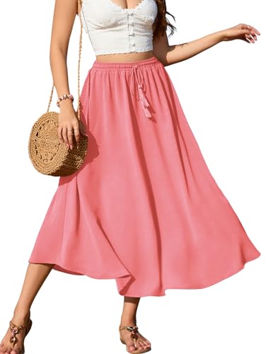 Zeagoo Rock Damen Lang Elegant Hohe Taille Maxirock Mit Kordelzug Einfarbig Röcke Casual Midi Freizeitrock Hochzeit Cocktail Rock Frühling Sommer Rosa L von Zeagoo