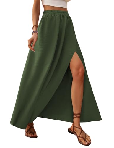 Zeagoo Rock Damen Lang Elegante Sommer Röcke A-Linie Elastische Hohe Taille Maxirock Einfarbig Flowy Freizeitrock Strandrock mit Schlitz Armeegrün XXL von Zeagoo