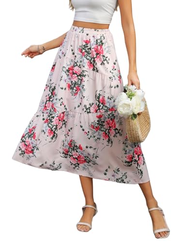 Zeagoo Rock Damen Lang Flowy Sommerrock Elastischer Bund Maxirock mit Taschen Sommer Leicht Langer Röcke Rosa Blumen XXL von Zeagoo