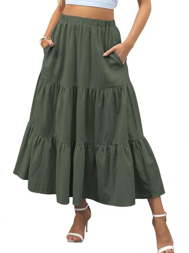 Zeagoo Rock Damen Lang Hohe Taille Skirt Sommerrock Midi A-Linie Faltenrock Rock Freizeit Einfarbig Maxiröcke Armeegrün S von Zeagoo