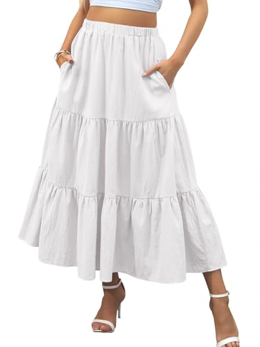 Zeagoo Rock Damen Lang Hohe Taille Skirt Sommerrock Midi A-Linie Faltenrock Rock Freizeit Einfarbig Maxiröcke Weiß M von Zeagoo