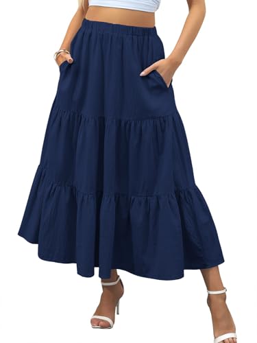 Zeagoo Rock Damen Lange Röcke Elegant Hohe Taille Maxirock mit Taschen Casual Einfarbig Strandrock mit Taschen Marineblau XL von Zeagoo