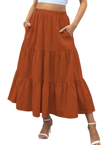 Zeagoo Rock Damen Sommer Maxirock Elegant Einfarbig Swing Langrock Casual Hohe Taille A-Line Röcke mit Taschen Orange M von Zeagoo