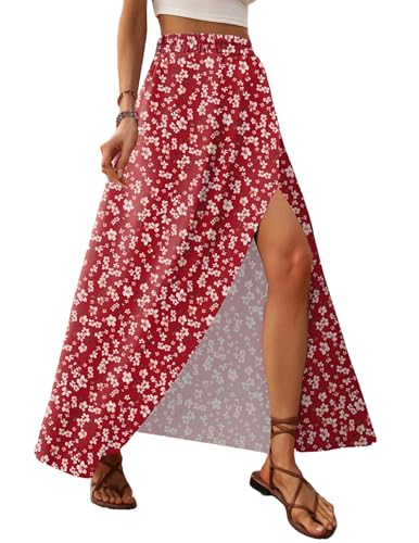 Zeagoo Röcke Damen Lässig Sommer Langrock Boho Elastisch Taille Maxirock Flowy Blumen Bedruckter Rock mit Schlitz Chiffon Leicht Skirt Rot Blumenmuster XXL von Zeagoo