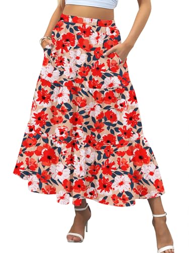 Zeagoo Röcke Damen Maxi Skirt Faltenrock Elegant A-Line Freizeitrock Beach Skirt Boho Elastic Strandrock Floral Rot M von Zeagoo