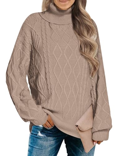 Zeagoo Pullover Damen Elegant Winter Weit Langarm Winterpullover Warm Rollkragenpullover Fledermausärmel Khaki XXL von Zeagoo