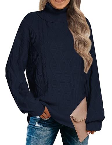 Zeagoo Pullover Für Damen Winter Rollkragenpullover Weit Strickpullover Lang Elegant Weicher Winterpullover Warm Dunkelblau M von Zeagoo