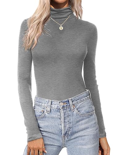 Zeagoo Rollkragenpullover Damen Dünne Langarm Stretch Unterziehshirt Slim Basic Oberteil Casual Turtleneck Weich T-Shirt Grau XL von Zeagoo