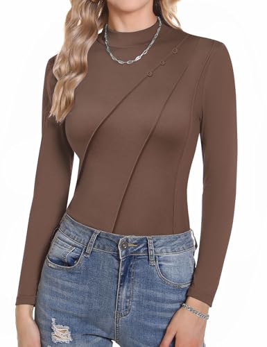 Zeagoo Rollkragenshirt Damen Slim Fit Thermooberteil Basic Langarm Thermoshirt Elegant Stehkragen Stretch Unterziehshirt Braun XL von Zeagoo