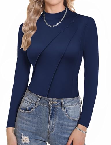 Zeagoo Damen Rollkragenshirt Slim Fit Thermooberteil Basic Langarm Thermoshirt Elegant Stehkragen Stretch Unterziehshirt Navy L von Zeagoo