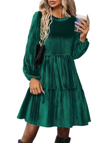 Zeagoo Damen Festlich Kleid Laternenärmel Rüschen Winterkleider Elegant Einfarbig Weihnachtskleid Langarm Kurz Partykleid Cocktailkleid Grün L von Zeagoo