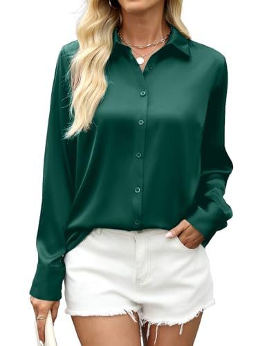 Zeagoo Satin Bluse Damen Elegant V-Ausschnitt Satinblusen Langarm Hemden Button Down Business Shirts Lässige Oberteil Tops Dunkelgrün S von Zeagoo