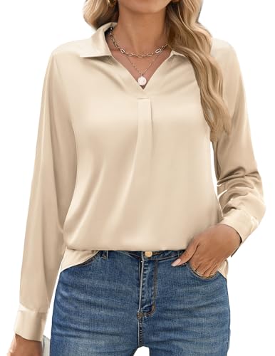 Zeagoo Satin Bluse Damen Oberteile Langarm Festliche Blusen Elegant Satin Shirt Hemdbluse Party Oberteile Arbeitshemd Seiden Business Outfit Beige 38 M von Zeagoo