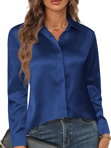Zeagoo Satin Bluse Damen Satin Seide Hemd Elegant V-Ausschnitt Hemden Business Blusentop Langarm Shirt Lässiges Oberteile Lockere Tops Marineblau XXL von Zeagoo