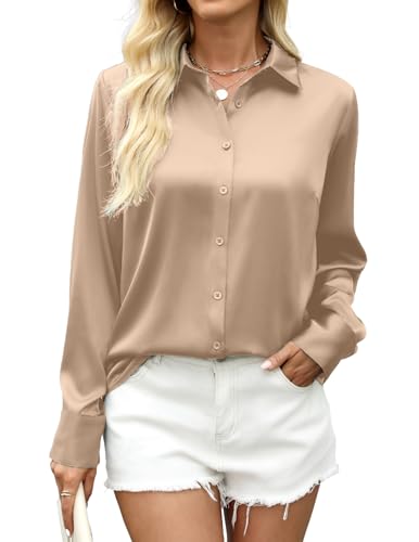Zeagoo Satin Bluse Damen V-Ausschnitt Satinblusen Elegant Langarm Hemden Lässige Oberteil Tops Button Down Business Shirts Hellbraun XXL von Zeagoo