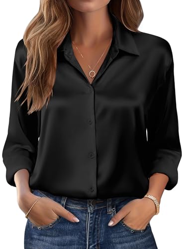 Zeagoo Damen Satin Bluse V-Ausschnitt Langarm Seidenbluse Elegant Satinblusen Causal Oberteil Langarmshirt Business Hemd Schwarz S von Zeagoo