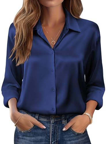 Zeagoo Bluse Damen Satin Elegant Blusen Langarm Seidenbluse Button-Down Business Shirts Seide Hemd Oberteile Marineblau S von Zeagoo