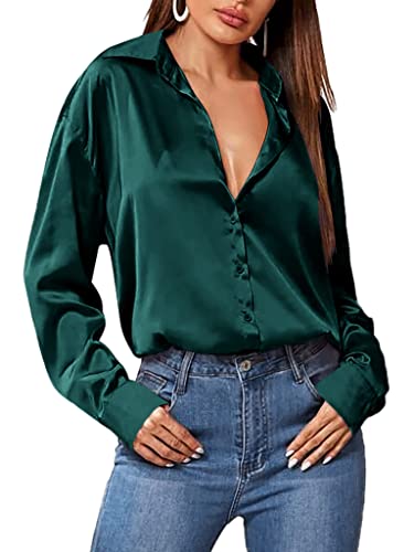 Zeagoo Satin Bluse Langarm Elegant Satinblusen Für Damen Glänzend Business Oberteile Oversize Seidenbluse Mit Knöpfen Hemd Einfarbig Tops Dunkelgrün S von Zeagoo