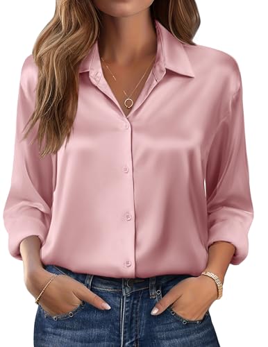 Zeagoo Damen Satin Bluse V-Ausschnitt Langarm Seidenbluse Elegant Satinblusen Causal Oberteil Langarmshirt Business Hemd Rosa M von Zeagoo