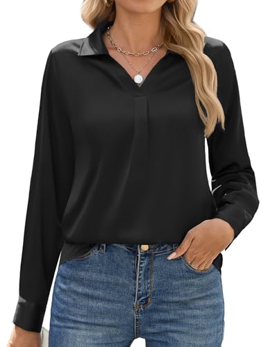 Zeagoo Satin Bluse V-Ausschnitt Tunika Elegant Langarm Blusen Festliche Oberteile Casual Seiden Langarmshirt Lässig Hemdbluse Longshirt von Zeagoo
