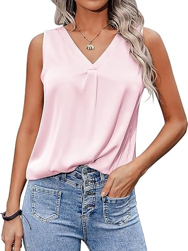 Zeagoo Satin Silk Tank Top Damen Sommer V-Ausschnitt Ärmelloses Top Lockere Oberteile Elegant Tunika Shirts Cami Crop Top Lässiges Blusentops Rosa M von Zeagoo