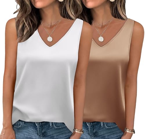 Zeagoo Satin Top Damen Elegant Seidentop Basic Blusentops V-Ausschnitt Läsige Business Tank Top Ärmellose Satinbluse Weiß und Khaki S von Zeagoo