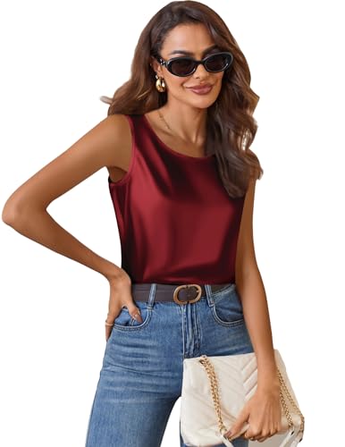 Zeagoo Seidentop Damen Satin Top Elegant Blusentop Ärmellose Seidenbluse Tanktop Rundhals Sommer Trägertop Weinrot S von Zeagoo