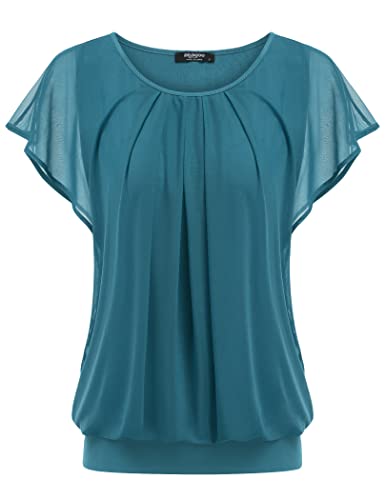 Zeagoo Shirt Damen Kurzarm Batwing Sommer Chiffon Bluse Elegant Tunika flatternd Hemd Loose Fit Türkisblau M von Zeagoo