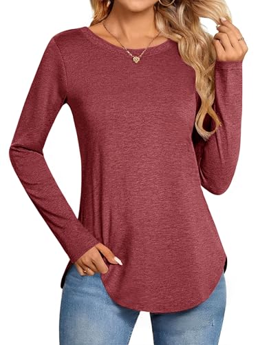 Zeagoo Shirt Damen Rundhals Oberteile Langarm Blusenshirt Basic Langramshirt Lässig Top Einfarbig Longshirt Weinrot S von Zeagoo