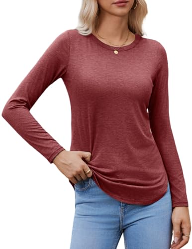 Zeagoo Shirt Langarm Damen Basic Tshirt Elegant Oberteile Long Sleeve Bluse Top Einfarbig Longshirt Weinrot L von Zeagoo