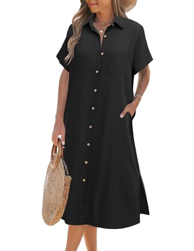 Zeagoo Strandbluse Damen Lang Strandkleid Kurzarm Blusenkleid mit Knöpfen Elegant Hemdblusenkleid Mit Seitenschlitz Luftig Strand Cover Up Schwarz XXL von Zeagoo
