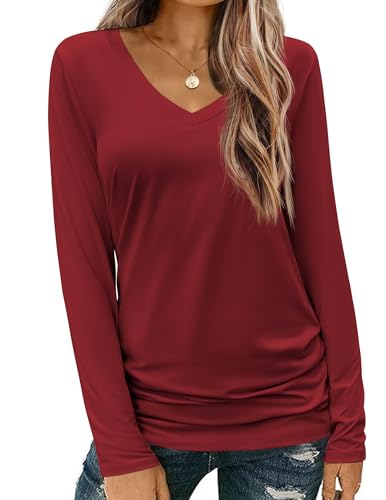 Zeagoo Shirts Damen Herbst V Ausschnitt Longshirt Basic Weich Langarmshirt Einfarbig Lässig T Shirt Loose Fit Tops Weinrot XXL von Zeagoo