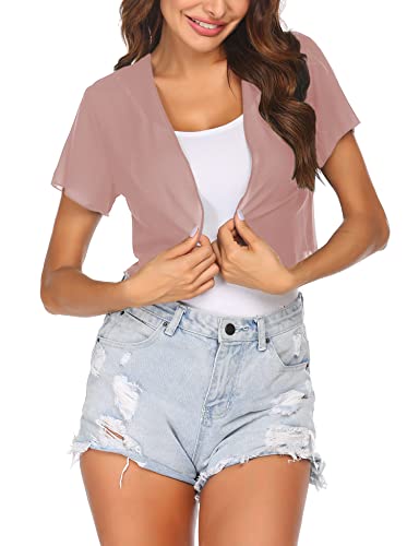 Zeagoo Sommer Kurz Bolero Damen Chiffon Festlich Bolerojacke Kurzarm Elegant Jacke Transparent Cardigan für Party Urlaub Rosa 3XL von Zeagoo
