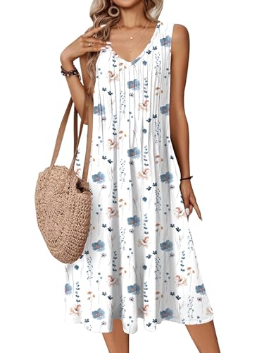 Zeagoo Ärmellose Strandkleider Sommer Midikleid V-Ausschnitt Tank Kleid Lässig Sommerkleid Ärmellos Blusenkleid mit Taschen Leicht Freizeit Kleider z-Blumenweiß L von Zeagoo