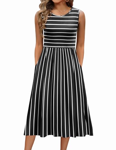 Zeagoo Damen Sommerkleid Rundhals Ärmelloses Freizeitkleider Elegant A Linie Strandkleid Swing Tank Kleid Lässiges Tunikakleid mit Taschen Schwarz Weiß L von Zeagoo