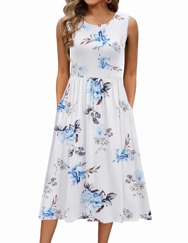 Zeagoo Damen Sommer Freizeitkleider Ärmelloses Rundhals Blumenmuster Kleider Elegant A Linie Strandkleider Lässiges Tank Kleid mit Taschen Weiß Blau Blüte XXL von Zeagoo