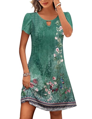 Zeagoo Sommerkleid Damen Boho Kurzarm Blumenkleid Knielang Rundhals Strand Kleid A Linie Freizeitkleid Grün XL von Zeagoo