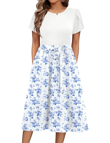 Zeagoo Sommerkleid Damen Elegant Blumenkleid Kurzarm Rundhals Midikleid A Linie Casual Strandkleid Leichte Knielang Tunika Kleider mit Taschen FloralB M von Zeagoo