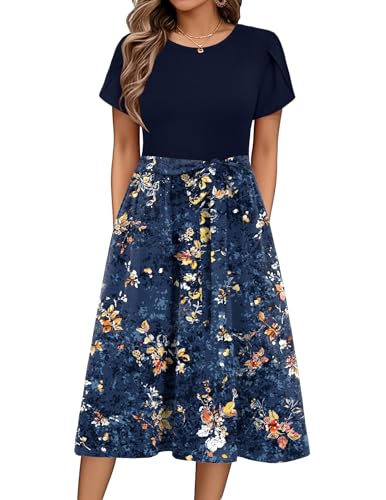 Zeagoo Sommerkleid Damen Elegant Blumenkleid Kurzarm Rundhals Midikleid A Linie Casual Strandkleid Leichte Knielang Tunika Kleider mit Taschen FloralC XL von Zeagoo
