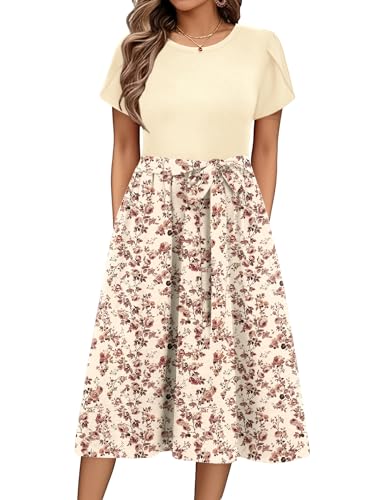 Zeagoo Sommerkleid Damen Elegant Blumenkleid Kurzarm Rundhals Midikleid A Linie Casual Strandkleid Leichte Knielang Tunika Kleider mit Taschen FloralF S von Zeagoo