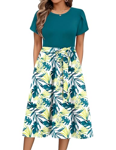 Zeagoo Sommerkleid Damen Elegant Blumenkleid Kurzarm Rundhals Midikleid A Linie Casual Strandkleid Leichte Knielang Tunika Kleider mit Taschen FloralJ L von Zeagoo