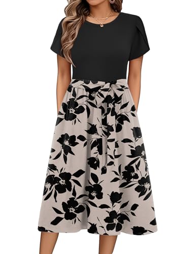 Zeagoo Sommerkleid Damen Elegant Blumenkleid Kurzarm Rundhals Midikleid A Linie Casual Strandkleid Leichte Knielang Tunika Kleider mit Taschen Florale L von Zeagoo