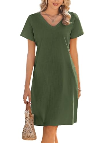 Zeagoo Sommerkleid Damen Strandkleid Casual V-Ausschnitt Midikleid Kurzarm Kleider mit Tasche A-Linie 100% Baumwolle Einfarbig Armeegrün L von Zeagoo